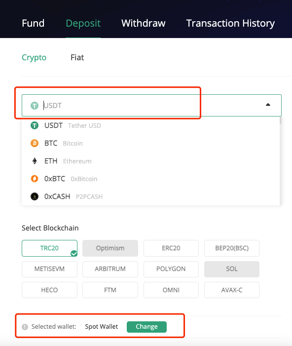 انتخاب رمز ارز واریزی